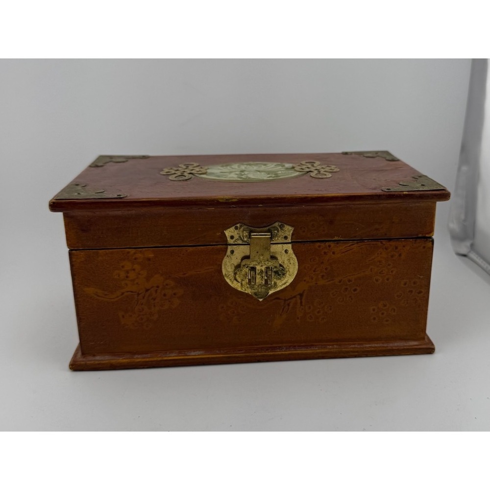 Vintage Asian Style Wood Jewelry Box with Jade Floral Inlay & Brass Accents